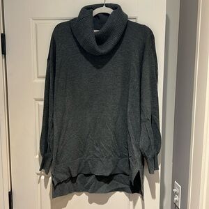 Gray long sweater with loose, mock turtle neck